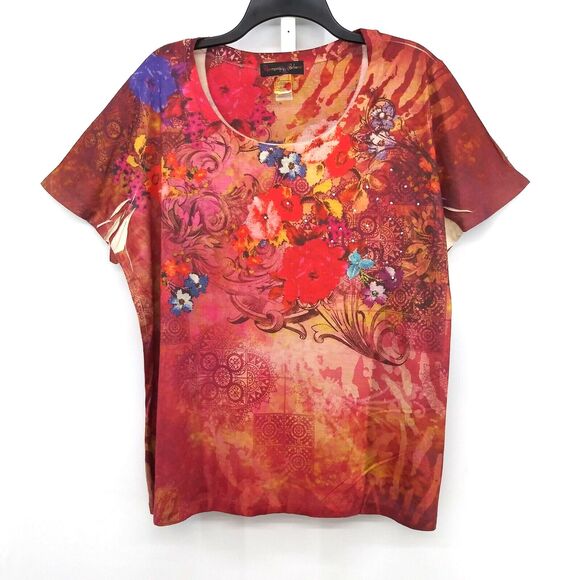 Appropriate Behavior Shirt Womens Plus Size 2X Red Floral Short Sleeve Top - Picture 1 of 6